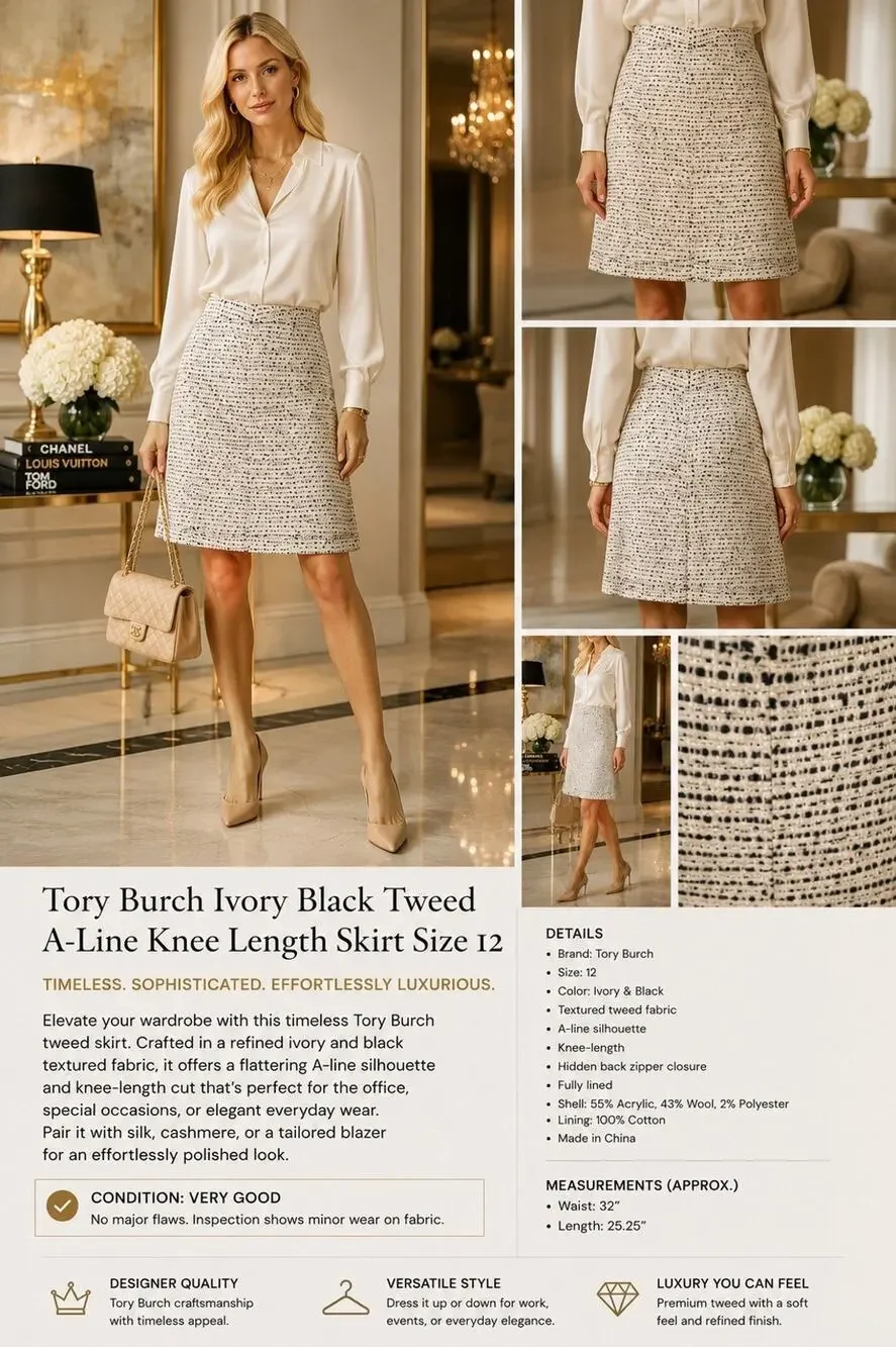 Tory Burch Ivory Black Tweed A-Line Knee Length Skirt Wool Blend Size 12 Chic